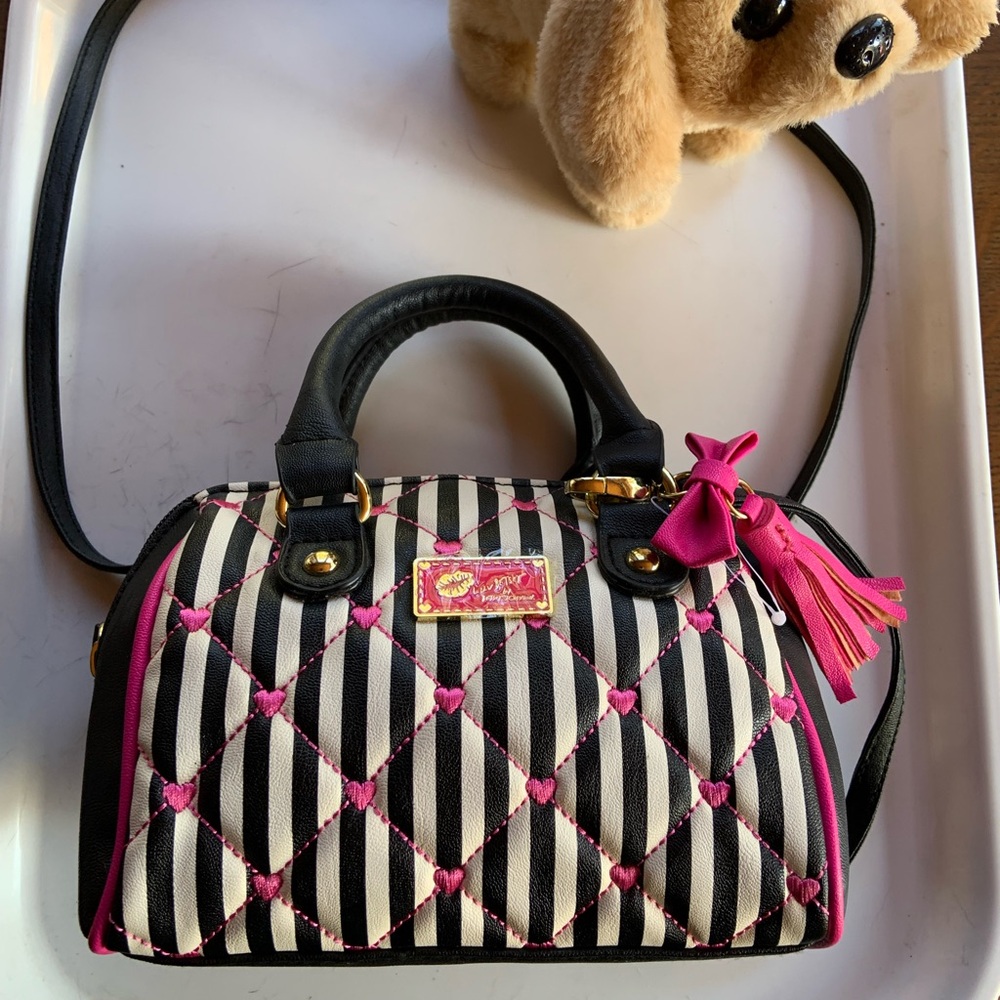 Great condition. LUV BETSEY by Betsey Johnson pink hearts /black striped purse